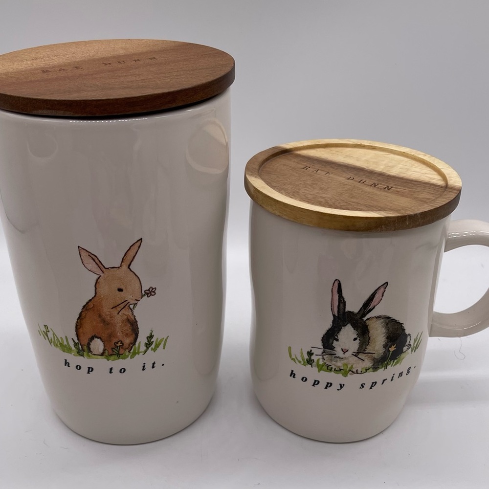 Rae Dunn hop to it cellar and Happy spring mug with lid.